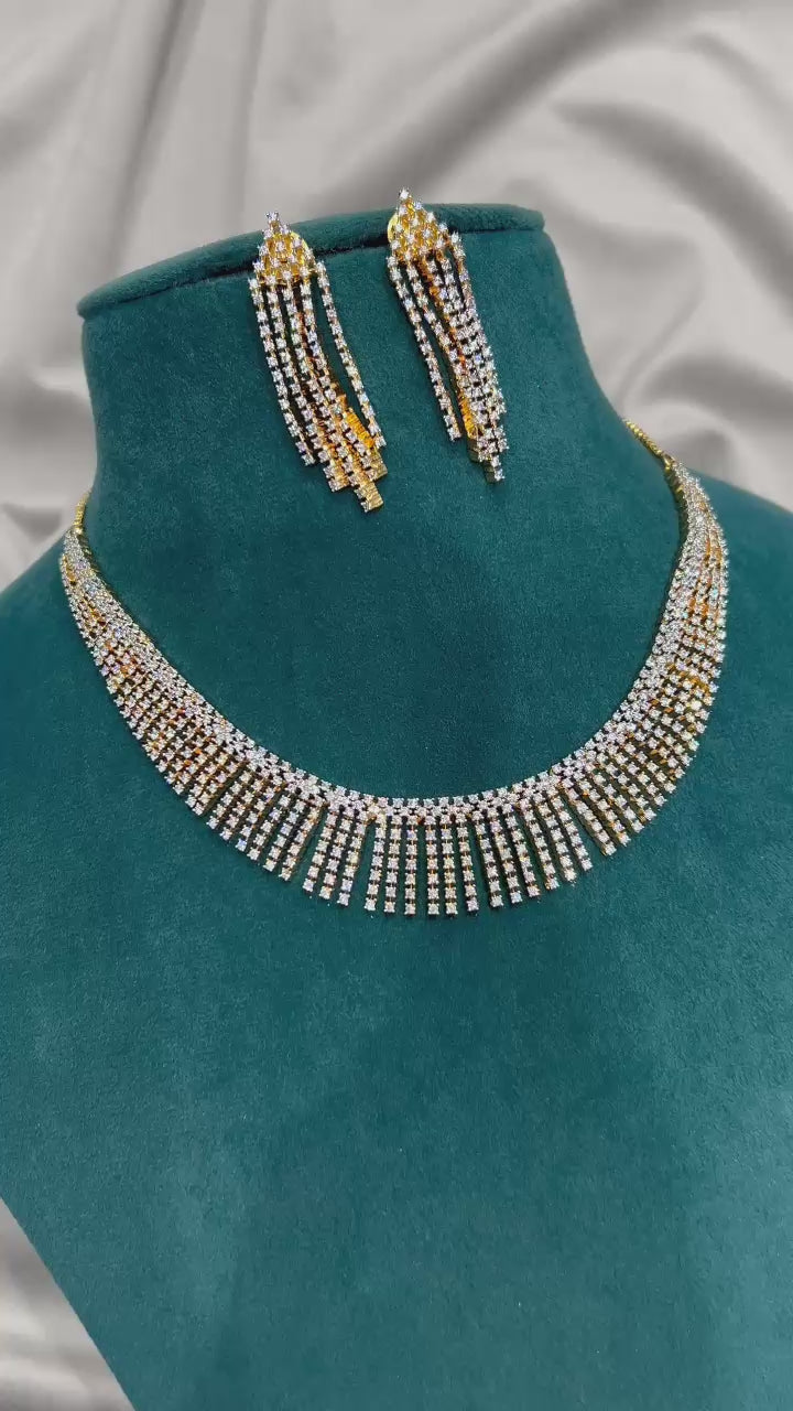 Sparkling Diamond Fringe Necklace Set – Gold & Silver Finish